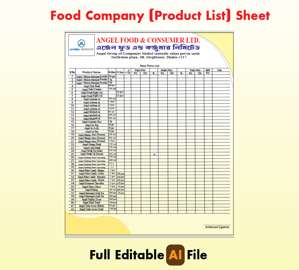 Food Company Product list and price Sheet Design