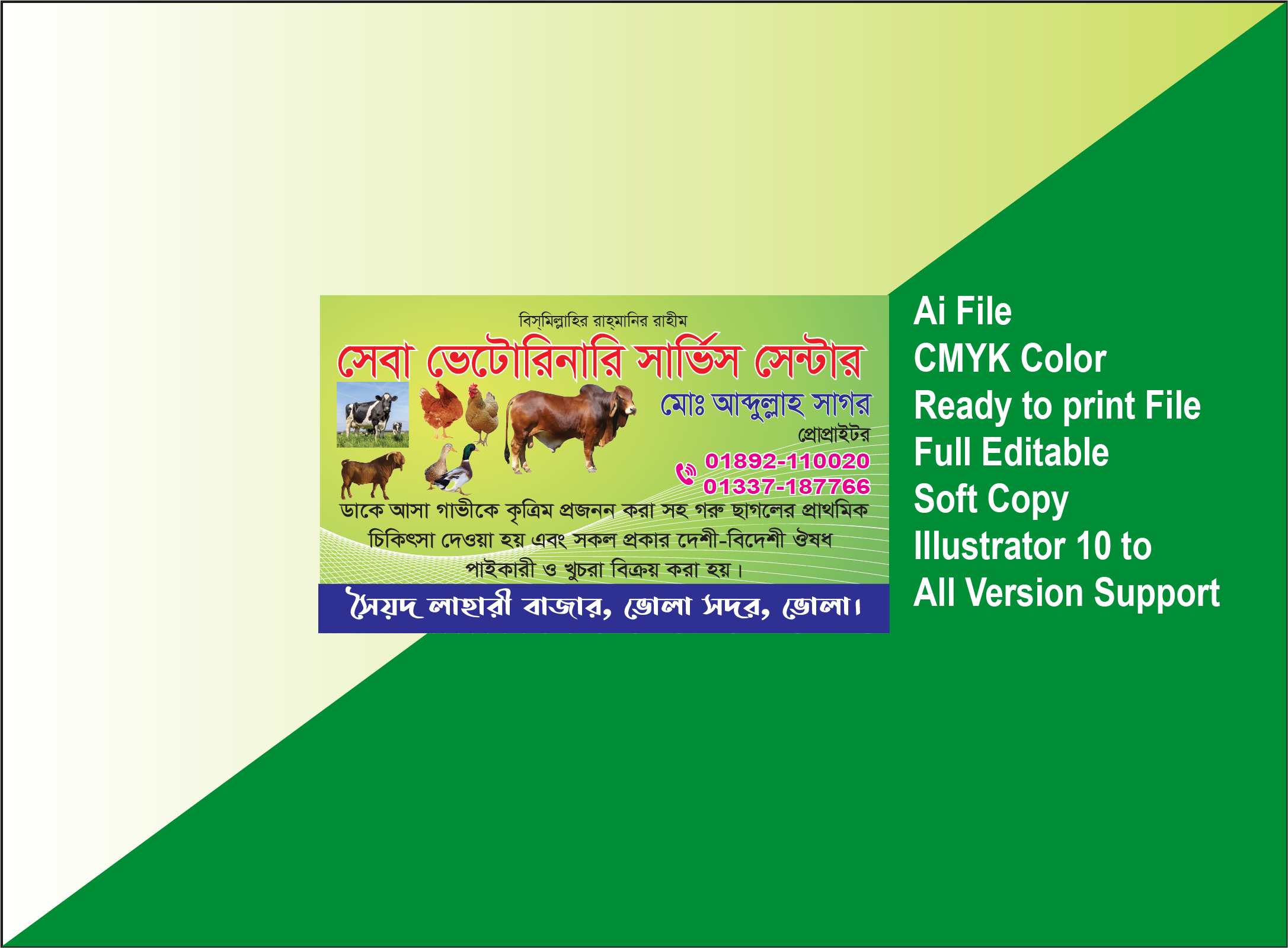 গরু, ছাগল, হাঁস, মুরগী এবং পশু চিকিৎসকের ভিজিডিং কার্ড