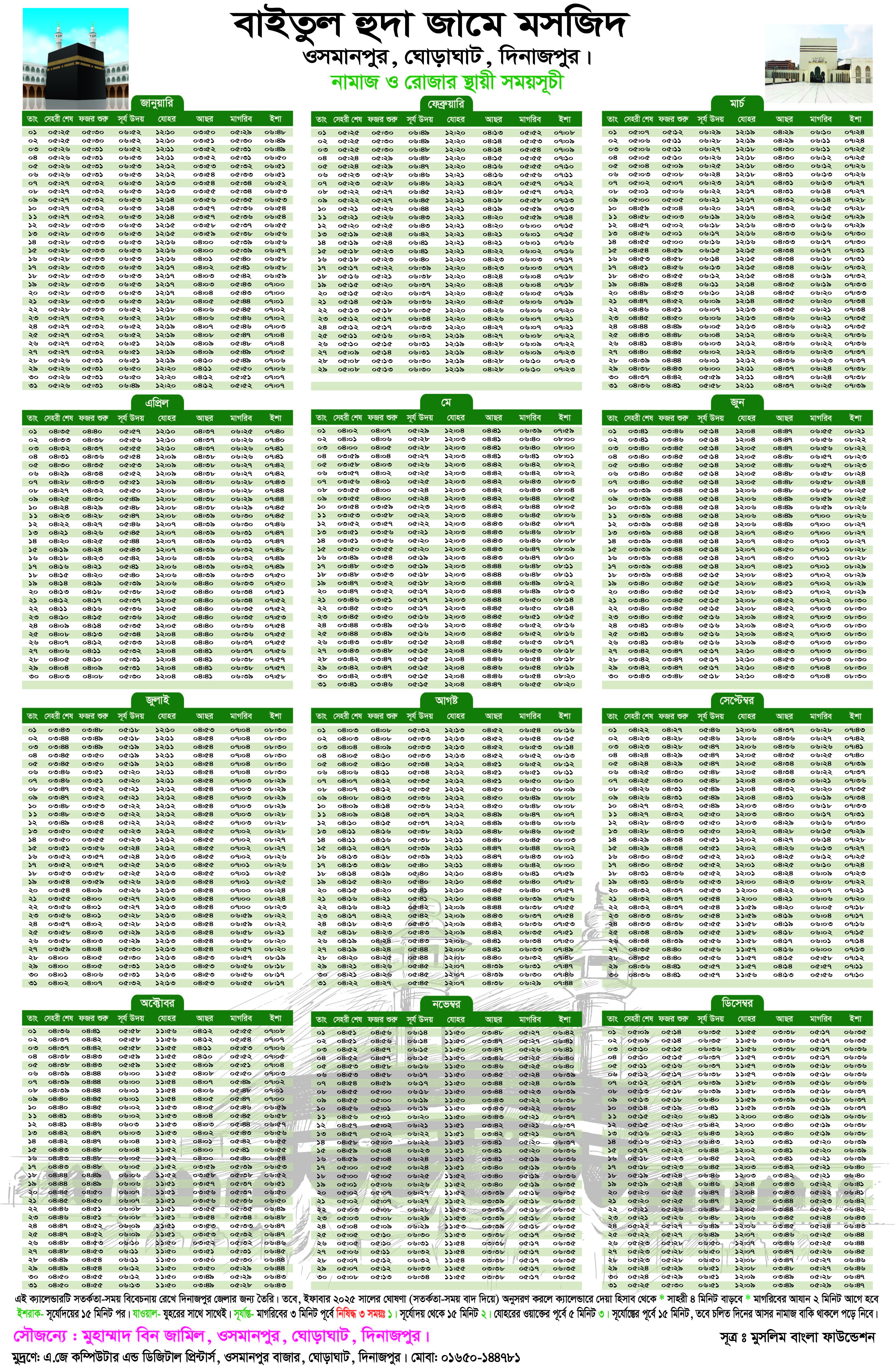 দিনাজপুর জেলার নামাজের স্থায়ী সময়সূচী 2026