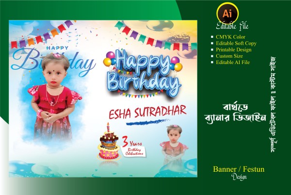 জন্মদিনের ব্যানার ডিজাইন Birthday Banner design গ্রাফিক্স ডিজাইন ফাইল